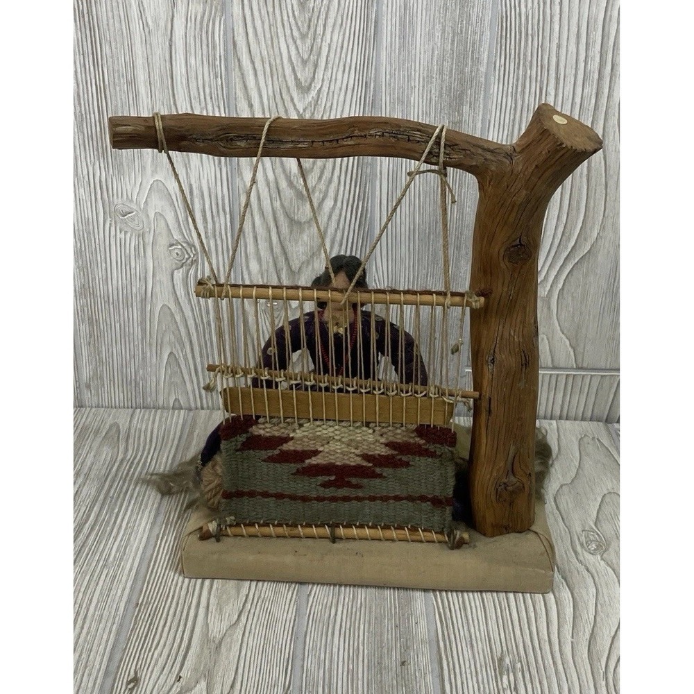 Vintage Navajo Rug Weaver Doll With Baby Handcrafted 11 1/2" Tall Mesquite Wood